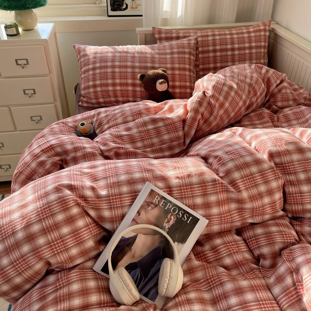 vintage pastel plaid pattern print aesthetic bedding duvet cover set 