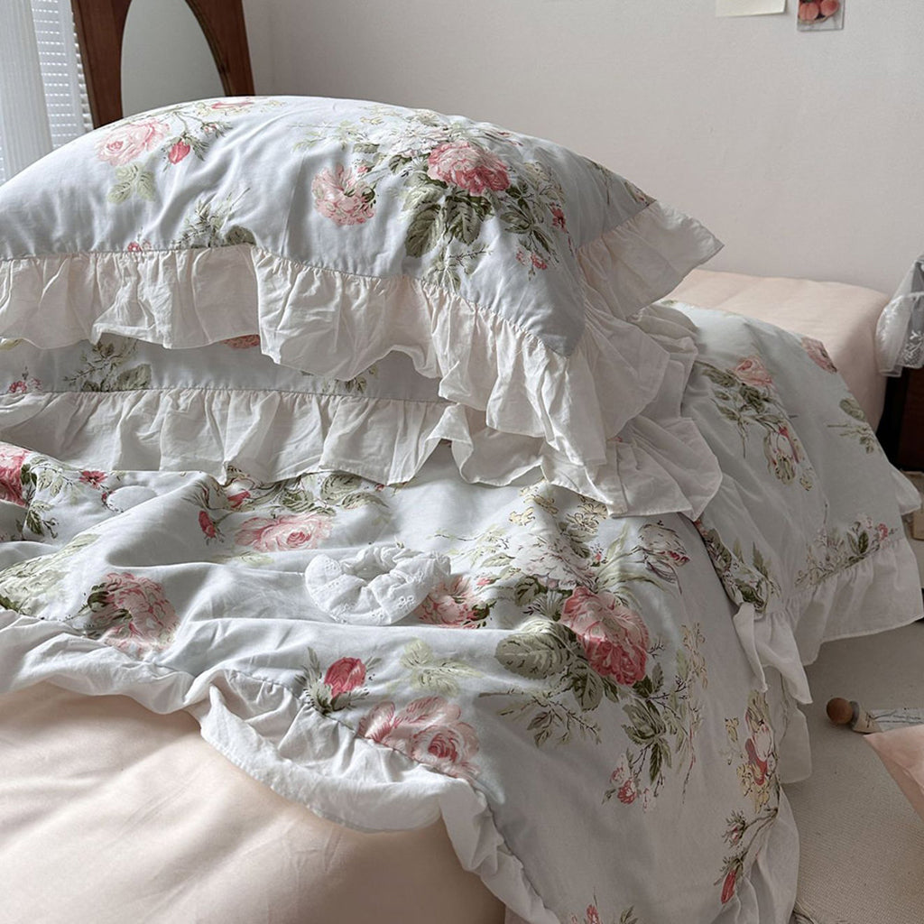 vintage sky blue cottage roses ruffle bedding set