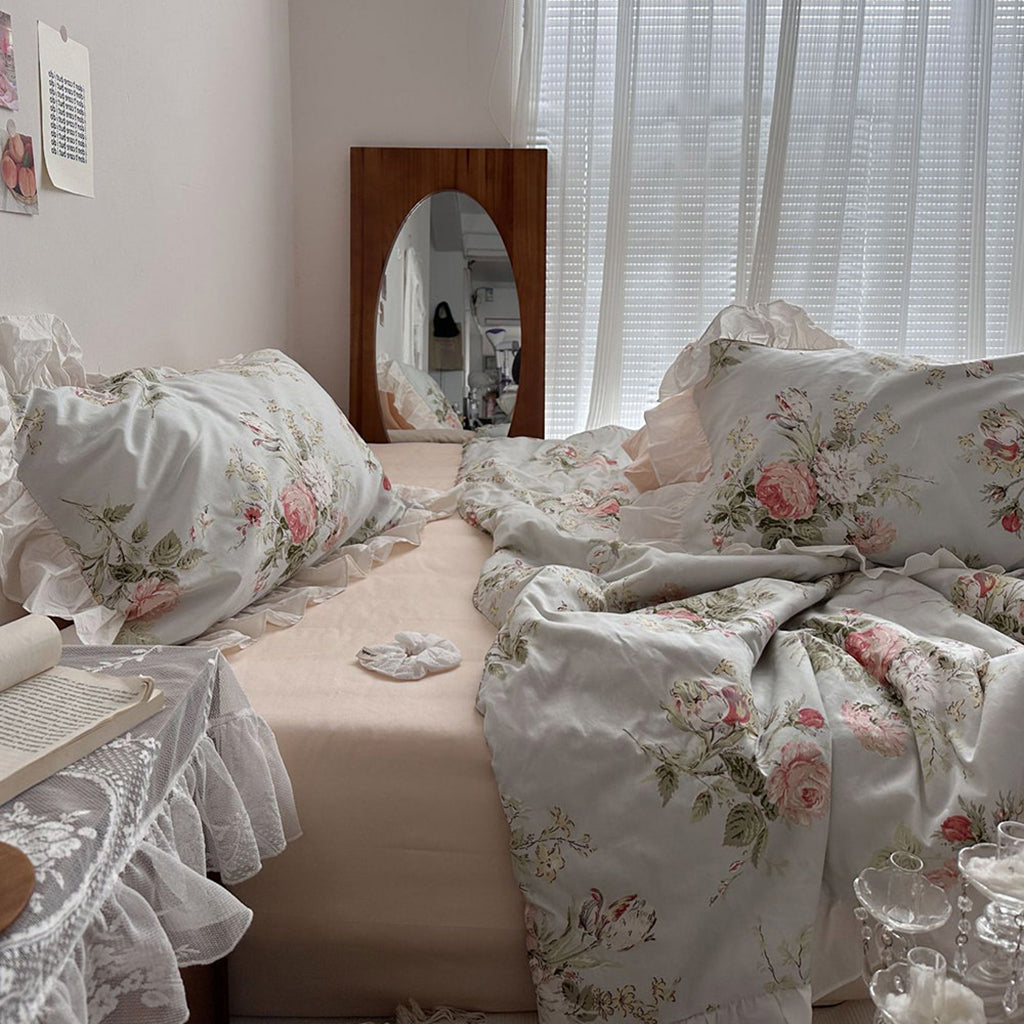 vintage sky blue cottage roses ruffle bedding set