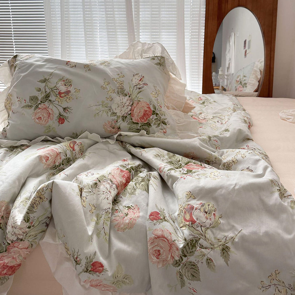 vintage sky blue cottage roses ruffle bedding set