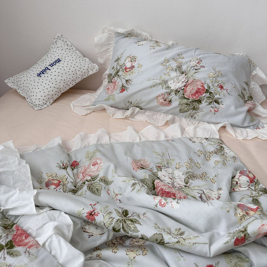 vintage sky blue cottage roses ruffle bedding set