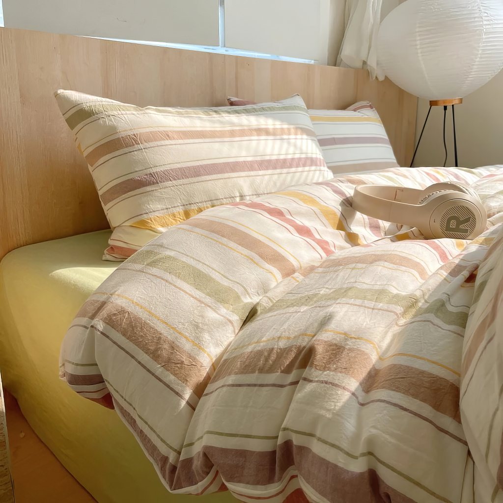 pastel brown vintage striped bedding duvet set in cotton 