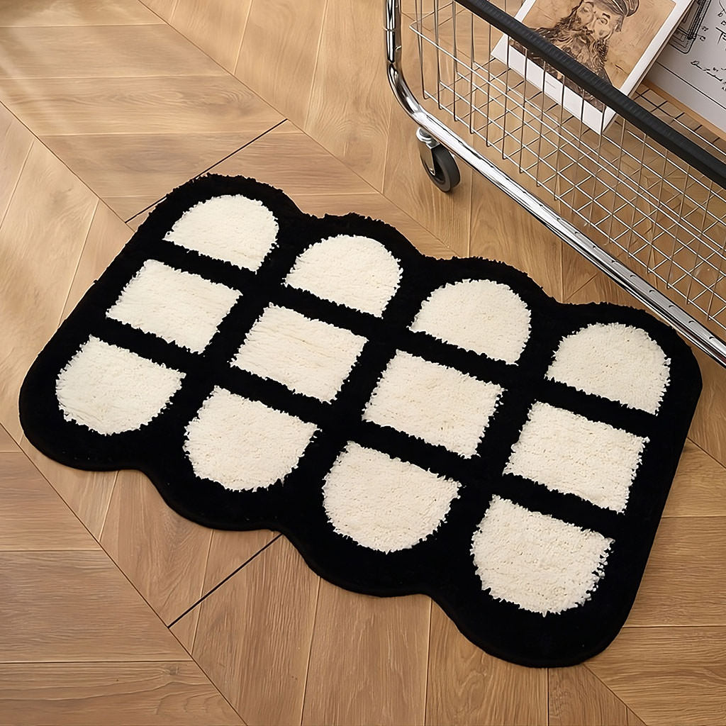 waffle lattice black white tufted rug