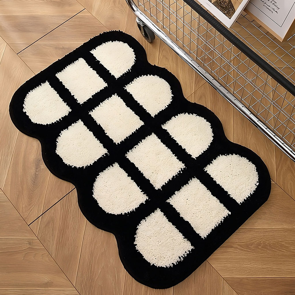 waffle lattice black white tufted rug