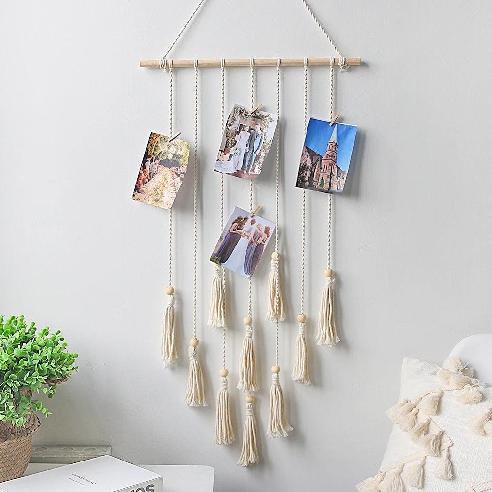 wall hanging macrame photo display with lights boho aesthetic room decor roomtery