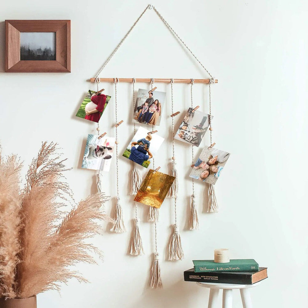 wall hanging macrame photo display with lights boho aesthetic room decor roomtery