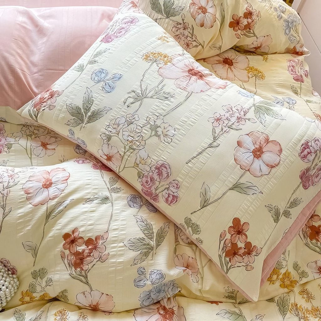 watercolor vintage flowers print textured fabric aesthetic bedding duvet cover set