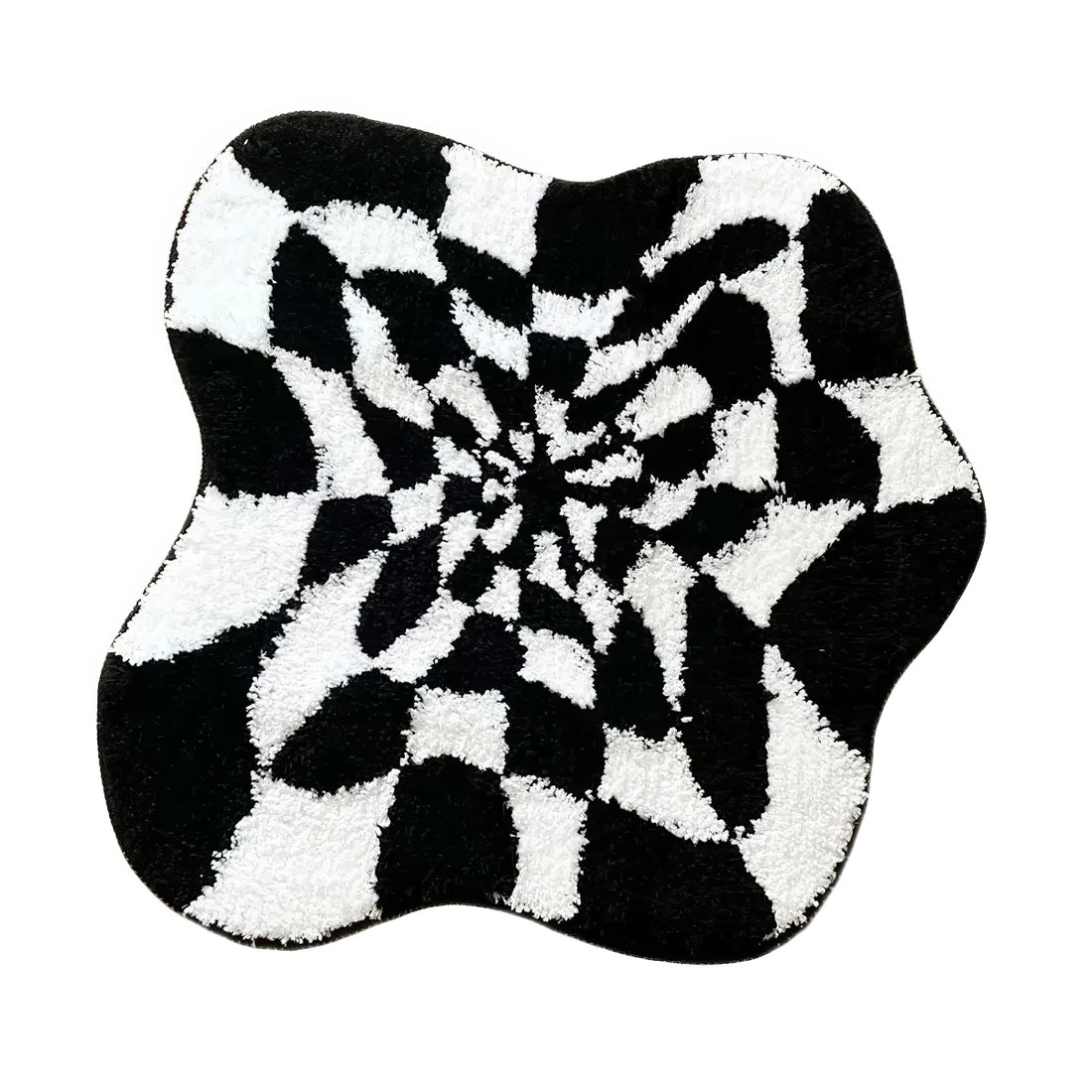 Black and white wavy checkered tufted rug with optical illusion pattern