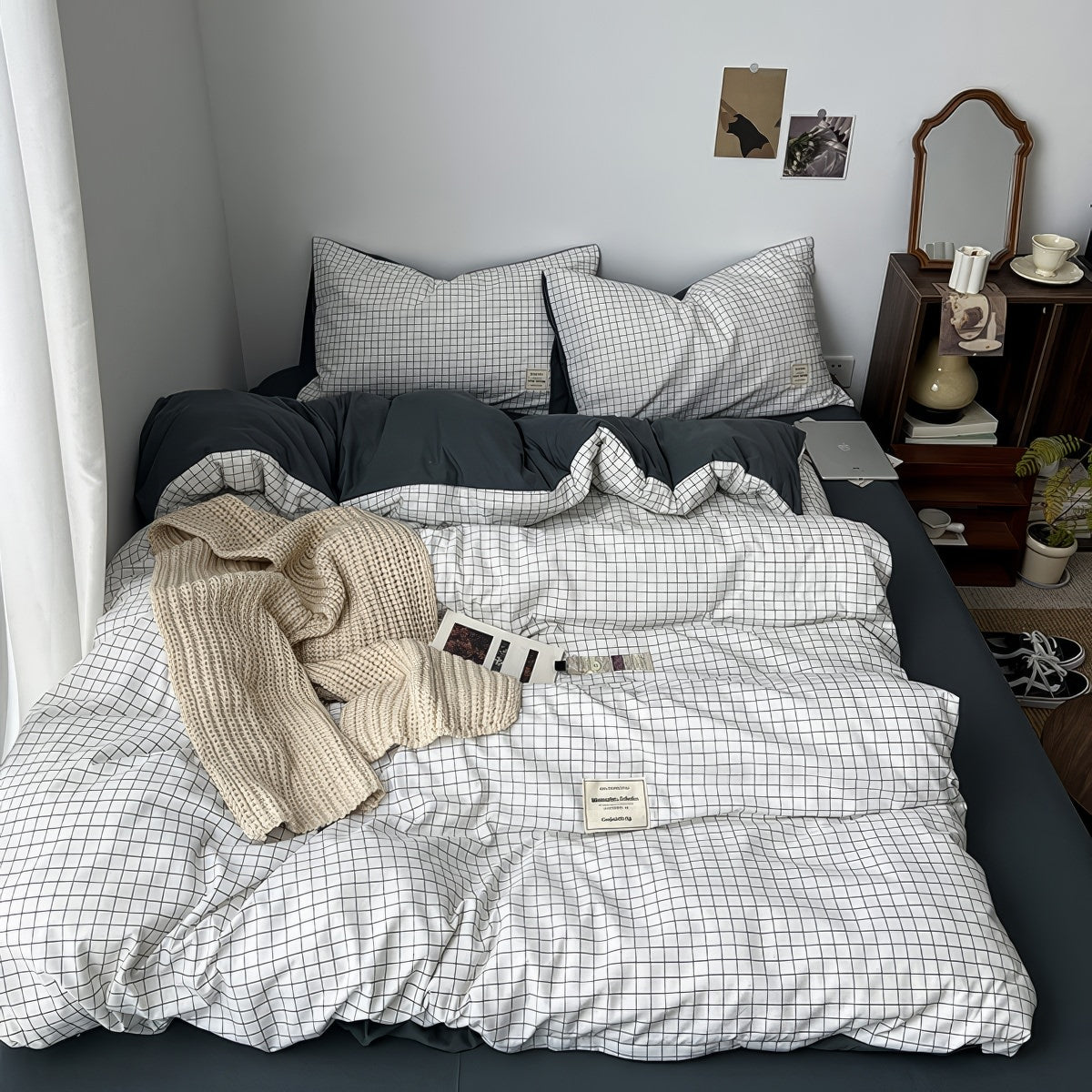 white minimalist grid check print aesthetic duvet cover bedding set
