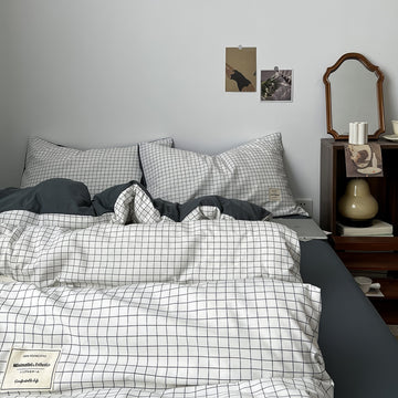 white minimalist grid check print aesthetic duvet cover bedding set