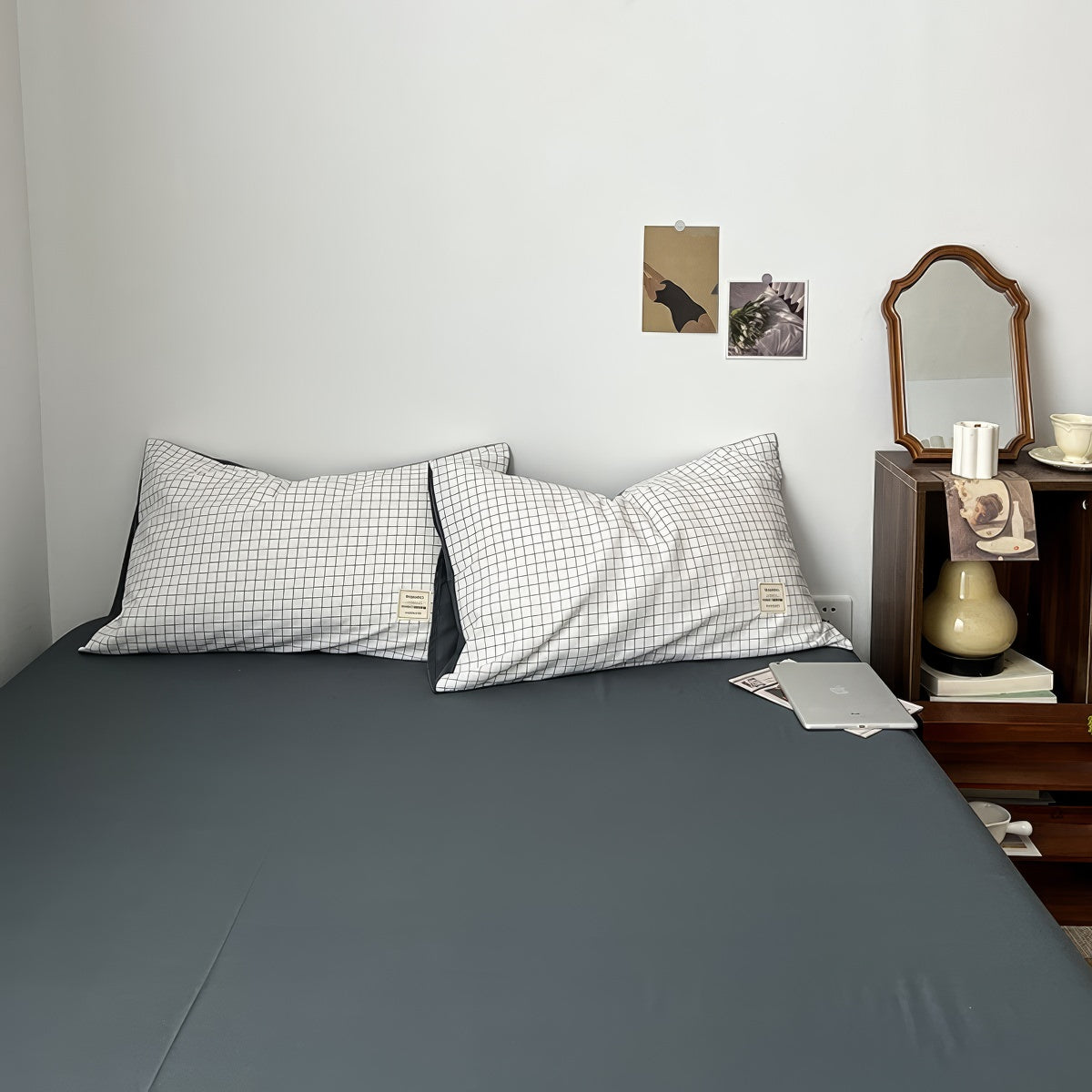 white minimalist grid check print aesthetic duvet cover bedding set