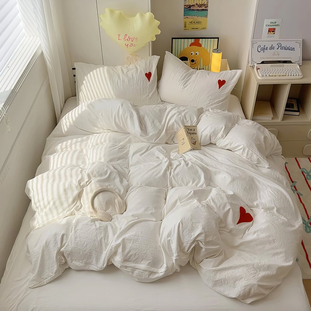 White Washed Cotton Bedding Set With Red Embroidered Heart - roomtery