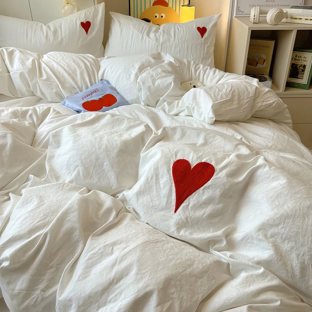 white washed cotton bedding duvet cover set with red embroidered heart