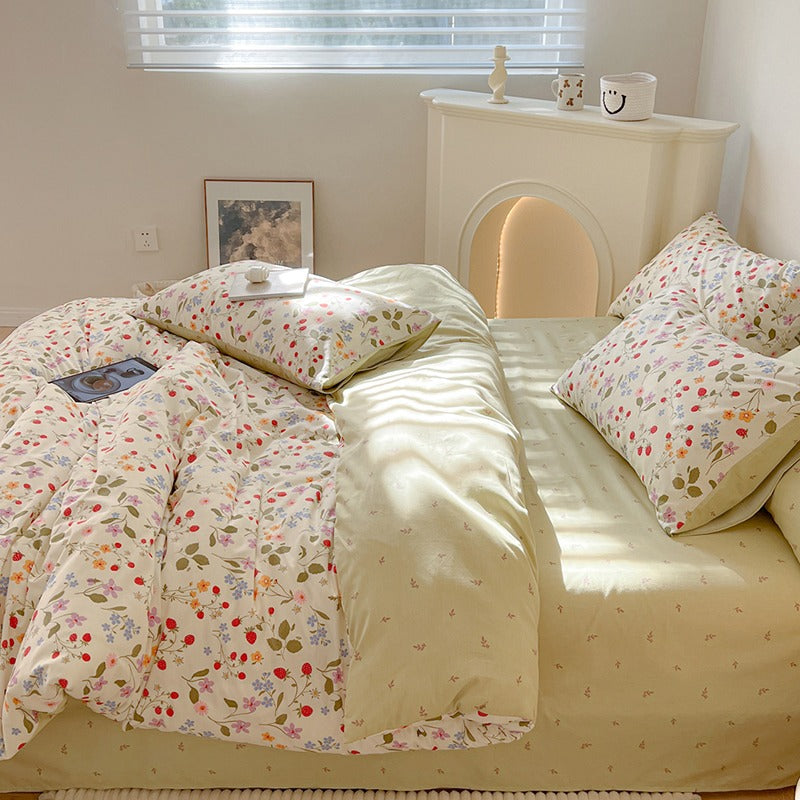 wild strawberries and wildflowers print aesthetic bedding duvet cover set roomtery