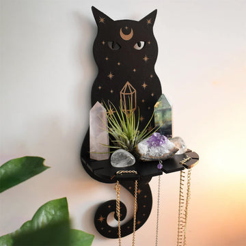 witchcraft aesthetic black cat shaped wall hanging crystal display shelf roomtery