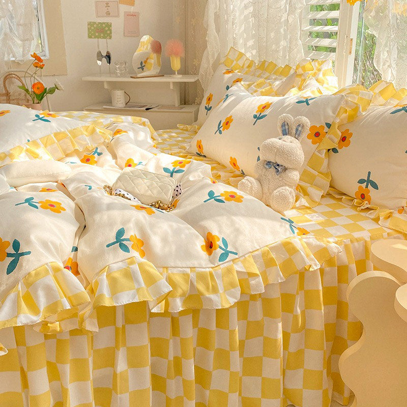 yellow flowers checkered ruffled bedding duvet cover set roomtery