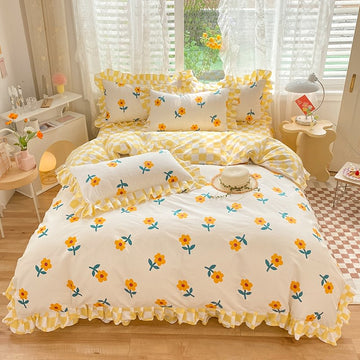 yellow flowers checkered ruffled bedding duvet cover set roomtery
