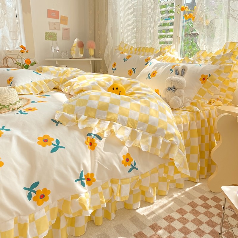 yellow flowers checkered ruffled bedding duvet cover set roomtery