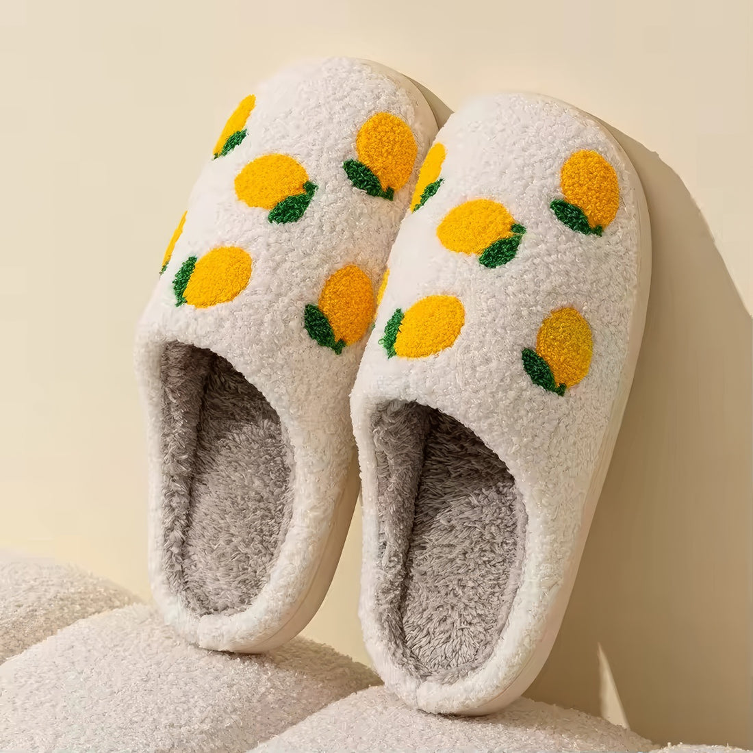 yellow lemons print soft plush texture aesthetic house slippers 