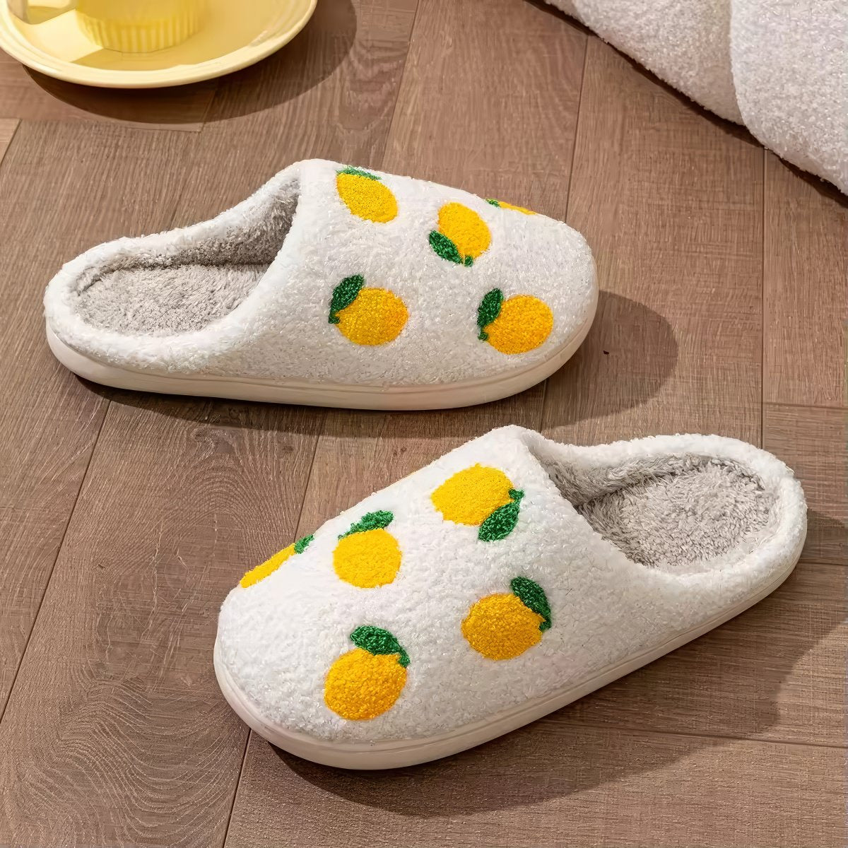 yellow lemons print soft plush texture aesthetic house slippers 
