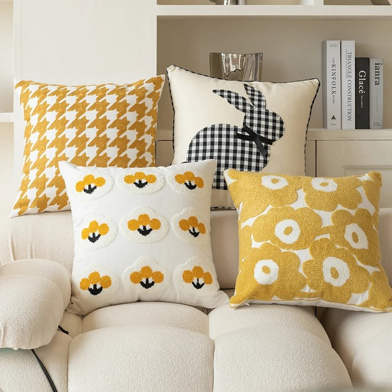 embroidered yellow dogtooth pastel aesthetic cushion pillow cover roomtery room decor