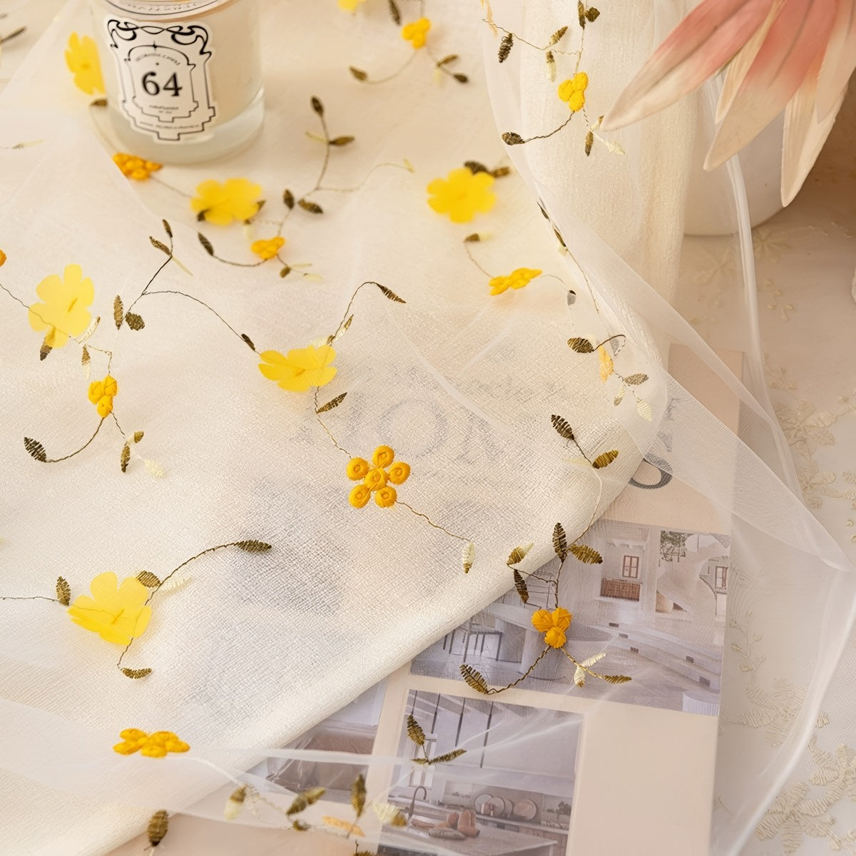Sheer curtain with yellow floral pattern 