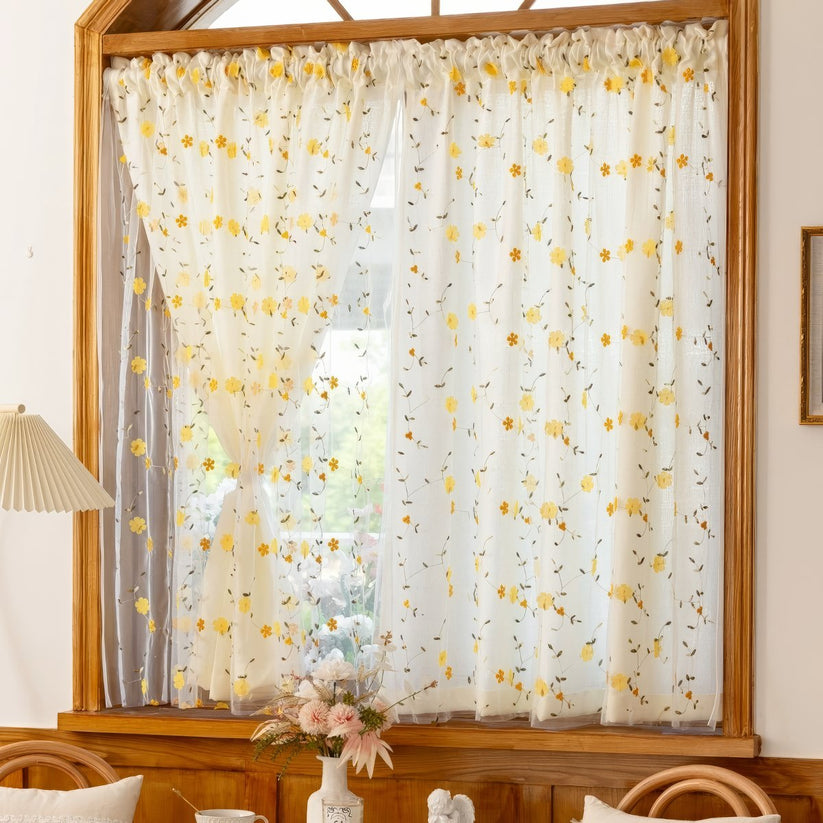 Yellow Wildflower Embroidered Sheer Curtain for cottagecore window
