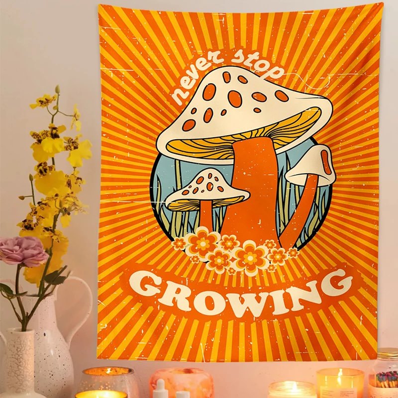 70s Mushroom Tapestry Wall Hanging Never Stop Growing Retro 70s Sun and Moon Wall Art Moon Groovy Decor Mushroom Decor hippie aesthetic tapestry roomtery