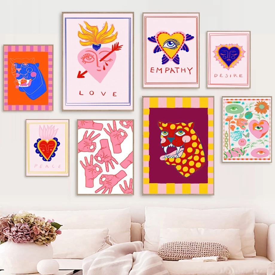 Abstract Pink Leopard Eyes Hand Heart Tiger Flower Wall Art Print Canvas Painting Nordic Poster Decor Pictures aesthetic posters roomtery