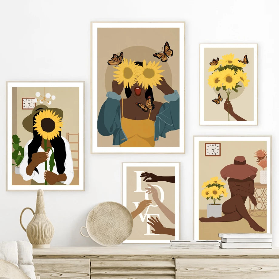 boho aesthetic women with sunflowers wall art illustrations gallery wall aesthetic posters roomtery