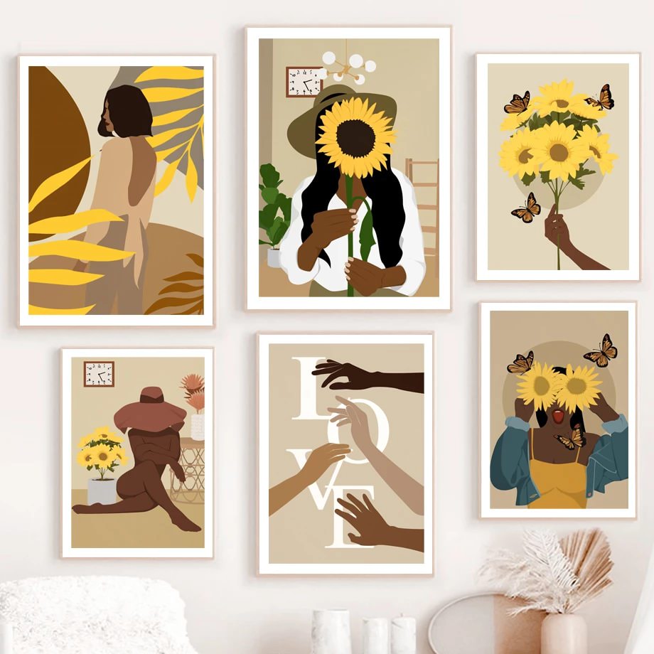 boho aesthetic women with sunflowers wall art illustrations gallery wall aesthetic posters roomtery