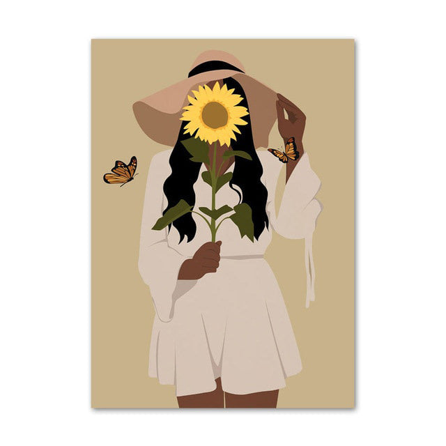 boho aesthetic women with sunflowers wall art illustrations gallery wall aesthetic posters roomtery