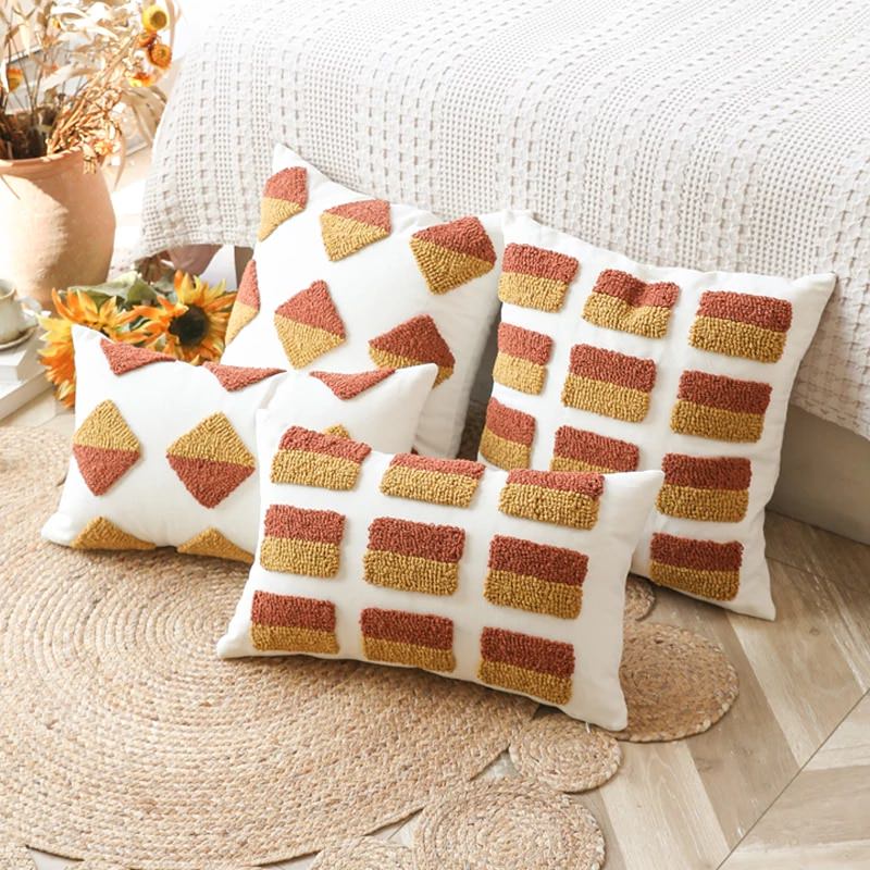 ochre colored embroidery boho aesthetic tufted cushion cover  roomtery