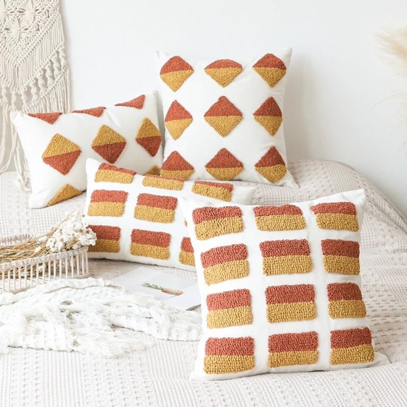 ochre colored embroidery boho aesthetic tufted cushion cover  roomtery