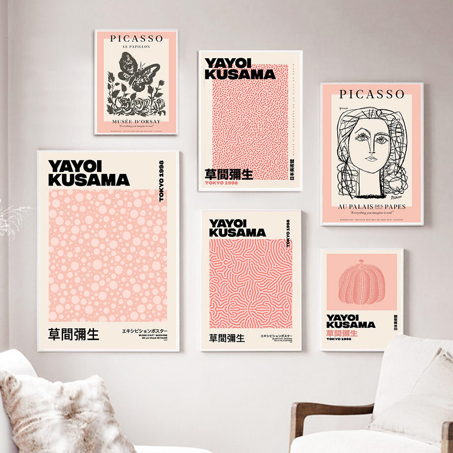 yayoi kusama picasso peachy color themed canvas wall art print paintings wall hanging aesthetic posters and pictures roomtery