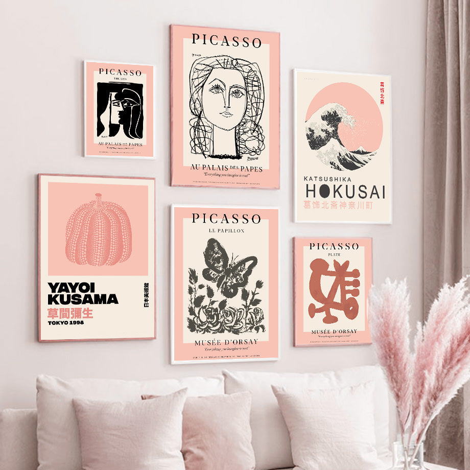 yayoi kusama picasso peachy color themed canvas wall art print paintings wall hanging aesthetic posters and pictures roomtery