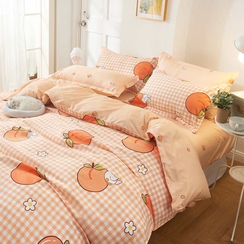 aesthetic bedding soft peaches print and grid roomtery decor