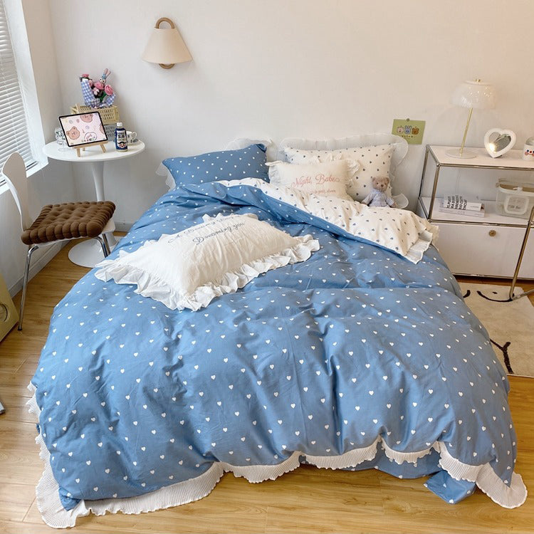 two sided duvet cover aesthetic bedding heart print ruffles roomtery