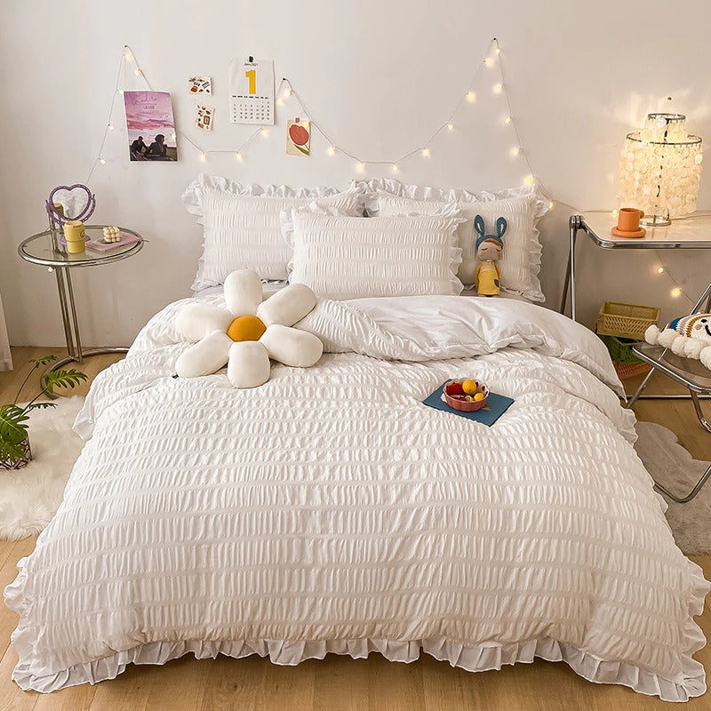 aesthetic bedroom white ribbed ruffle bedding set roomtery