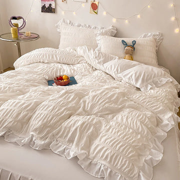 aesthetic bedroom white ribbed ruffle bedding set roomtery