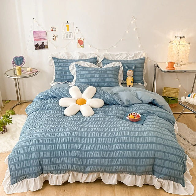 aesthetic bedroom blue ribbed ruffle bedding set roomtery