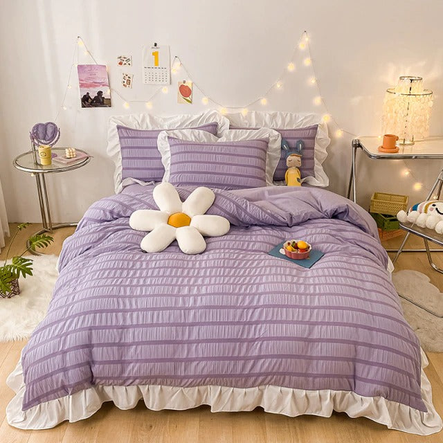 aesthetic bedroom purple ribbed ruffle bedding set roomtery
