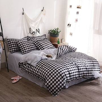black plaid checked grid aesthetic bedroom bedding set roomtery