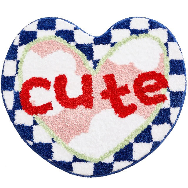 heart shaped blue check fluffy bath rug cute print roomtery