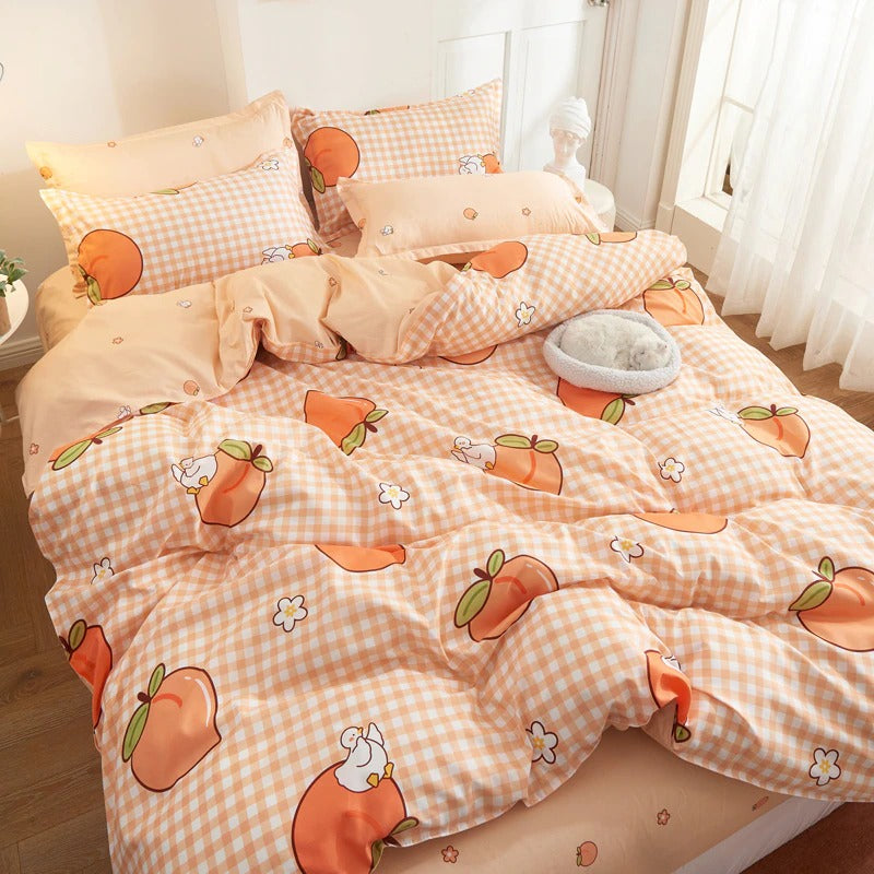 aesthetic room orange grid peachy bedding set