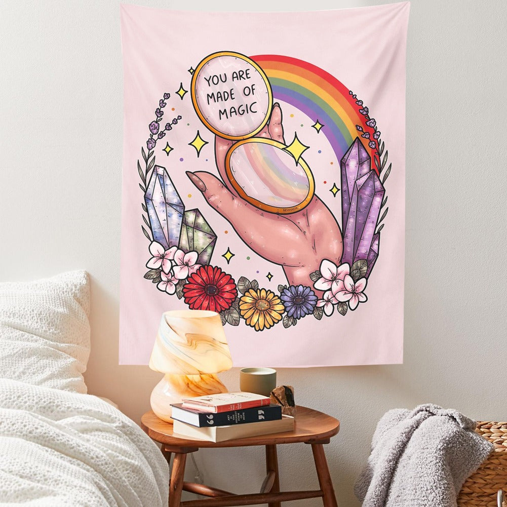 soft aesthetic room wall tapestry pink made of magic rainbow roomtery