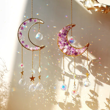 amethyst crystal decorated moon shaped suncatcher light catcher hanging wall decor aesthetic fairycore moon sun catcher roomtery