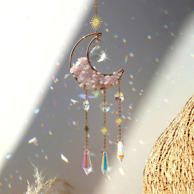 amethyst crystal decorated moon shaped suncatcher light catcher hanging wall decor aesthetic fairycore moon sun catcher roomtery