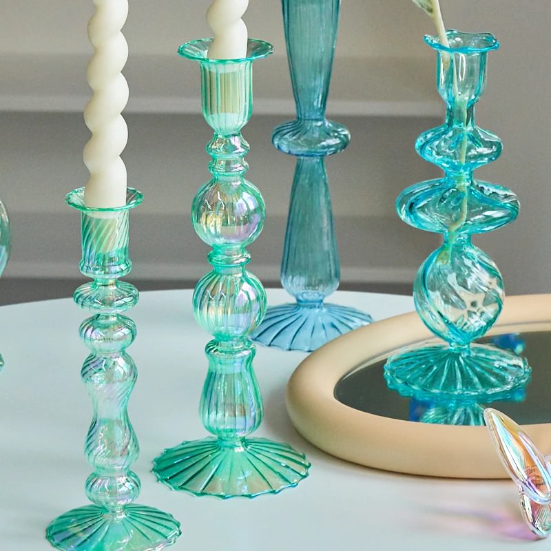 aqua blue iridescent glass candle holder set danish pastel aesthetic room candleholder decor roomtery