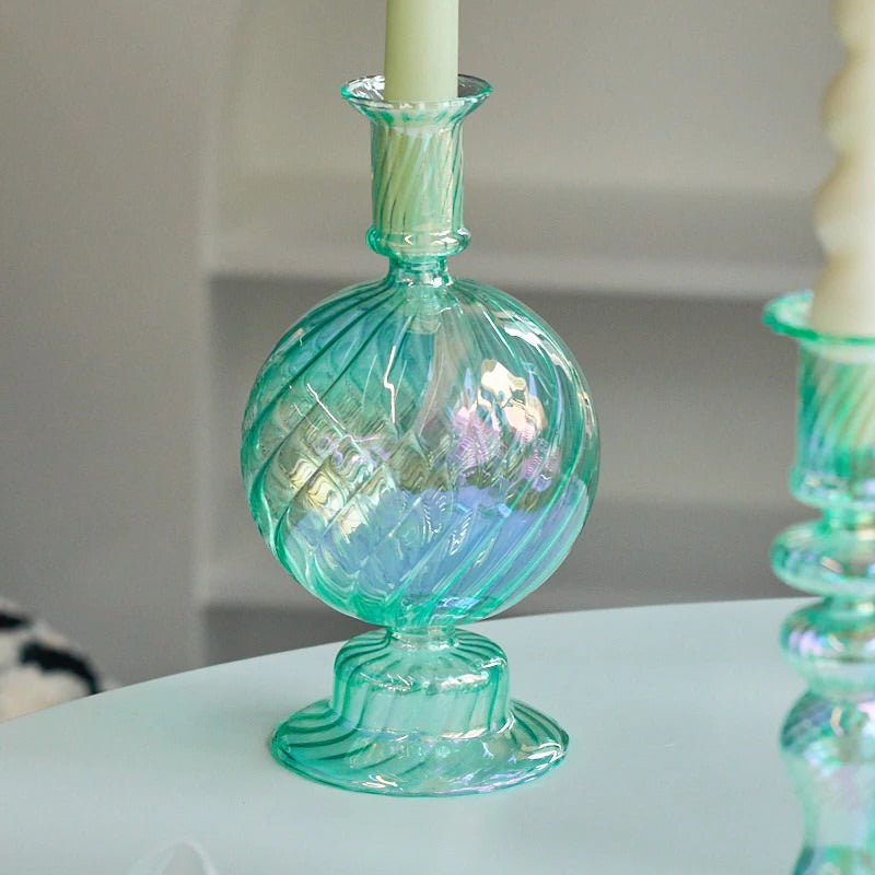 aqua blue iridescent glass candle holder set danish pastel aesthetic room candleholder decor roomtery
